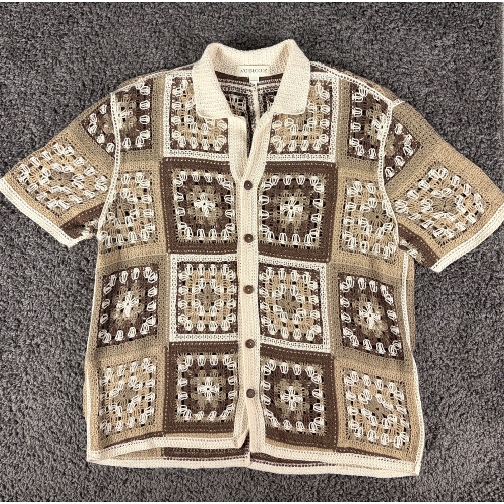 Morse Code Mens Crochet Knit Granny Square Button Down Shirt Brown Tan Large